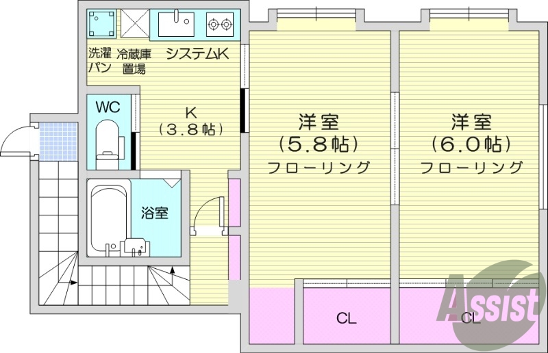 2K、バストイレ別、室内洗濯機置場、温水洗浄便座