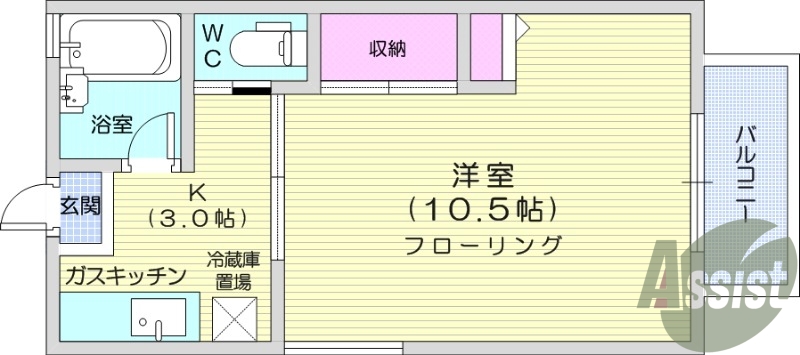1K、バストイレ別、温水洗浄便座、室内洗濯機置場