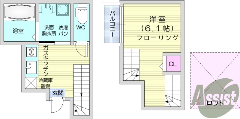 1K、エアコン、バストイレ別、コンロ二口、洗面台