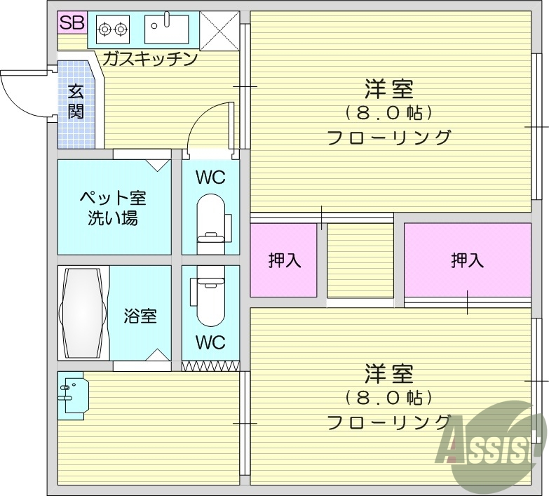 2K・ペット専用流し場・独立洗面台・バルコニー