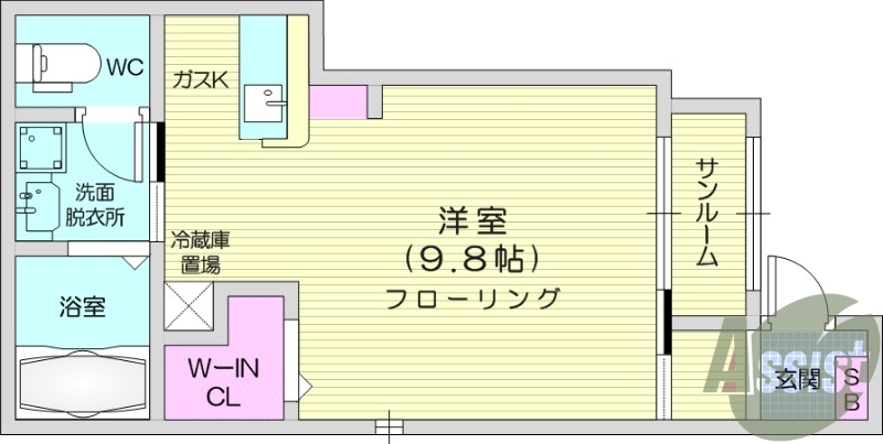 1R、バストイレ別、独立洗面化粧台、ウォークインクローゼット