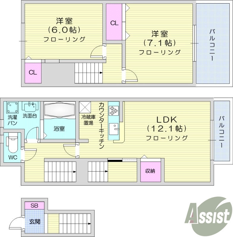 2LDK、追い焚き機能、独立洗面所、カウンターキッチン