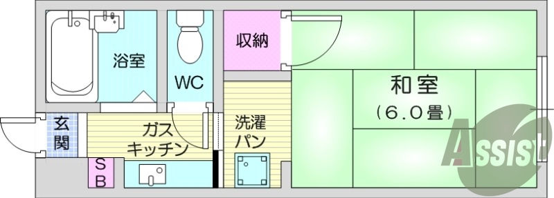 1K、バストイレ別、バルコニー、シューズボックス、押入