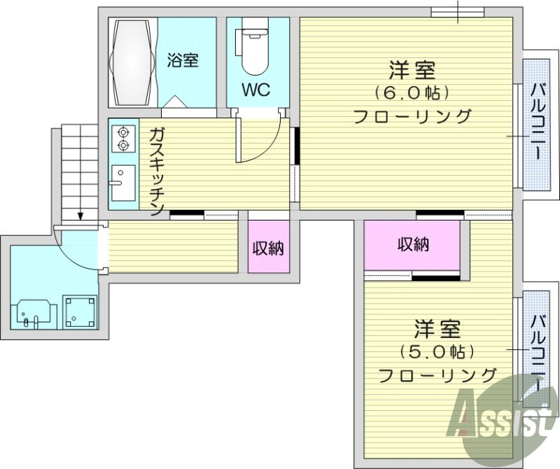 2K、都市ガス、バストイレ別、独立洗面台