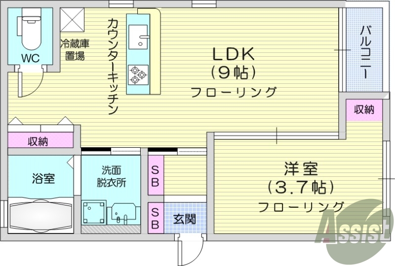 1LDK、インターネット使用料無料、二人入居可