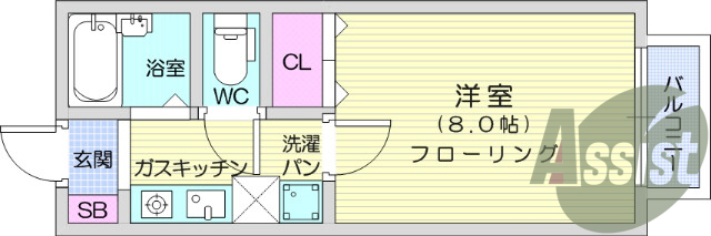 1K、2階、バストイレ別。コンロ付き