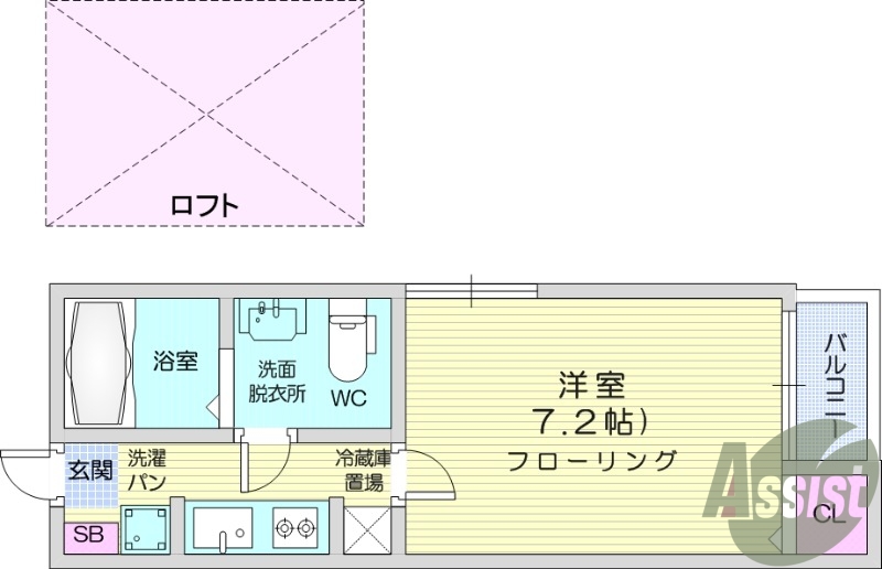 １Kロフト、エアコン、収納、独立洗面台、モニターインターホン