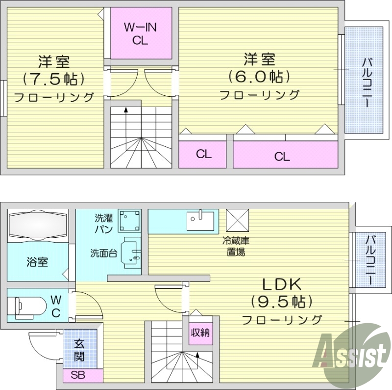 2LDK、メゾネット、陽当たり良好、室内洗濯置場