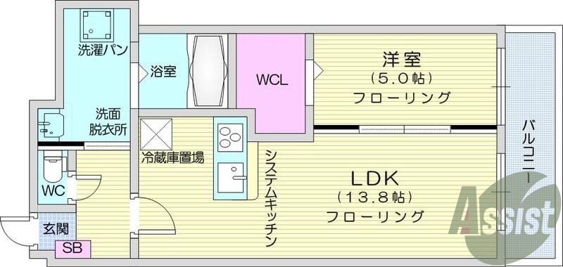 1LDK、システムキッチン、モニター付インターホン、B・T別