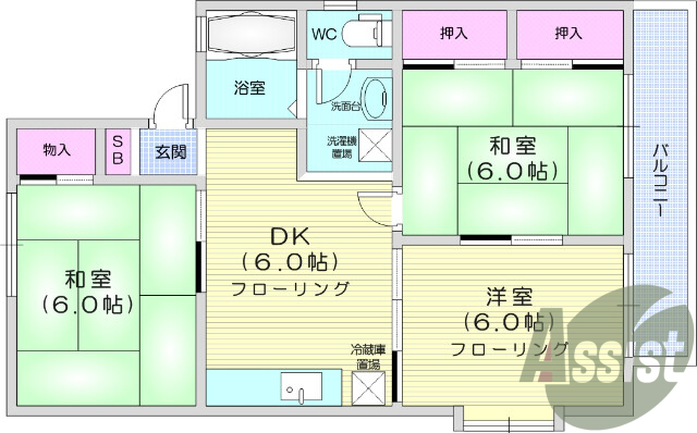 3DK、バストイレ別、温水洗浄便座付き、室内洗濯置場