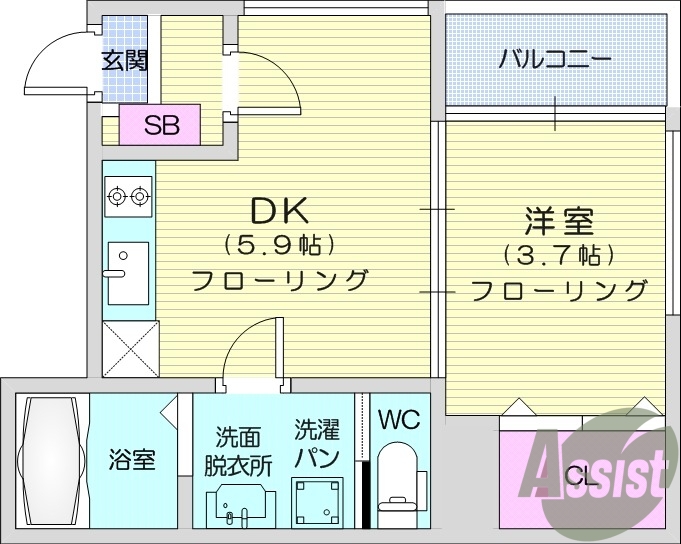 1DK、浴室乾燥機、インターホン、オートロック。