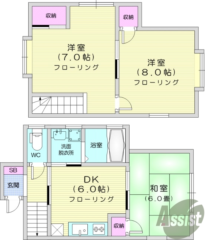 ３DK、和室、フローリング、エアコン、クローゼット