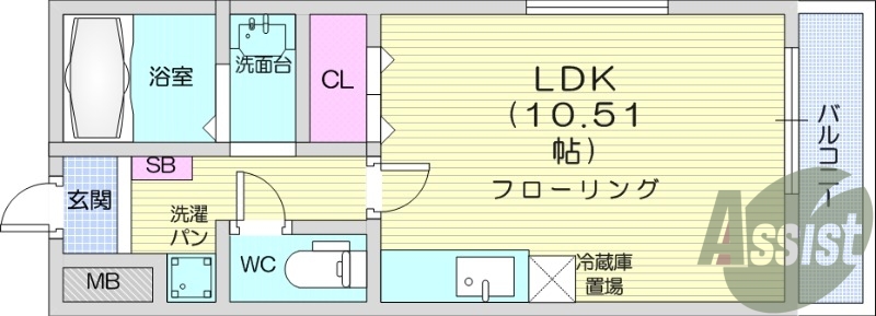 1R、バストイレ別、エアコン、独立洗面台。室内洗濯機置場
