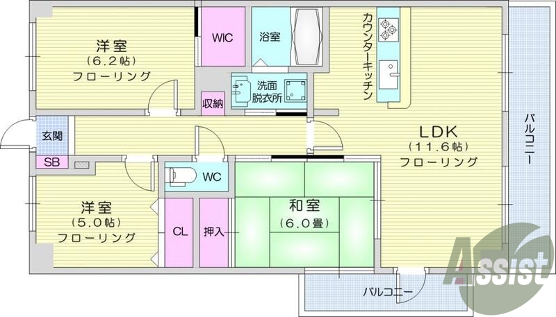 ３LDK、B・T別、独立洗面台、システムキッチン、バルコニー