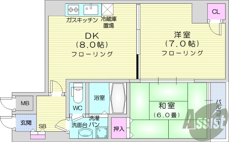 2DK、バルコニー、都市ガス、和室、