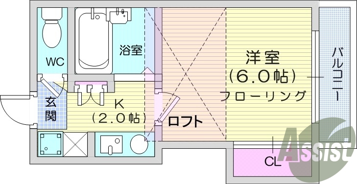 1K、エアコン、バス・トイレ別、室内洗濯機置場、収納