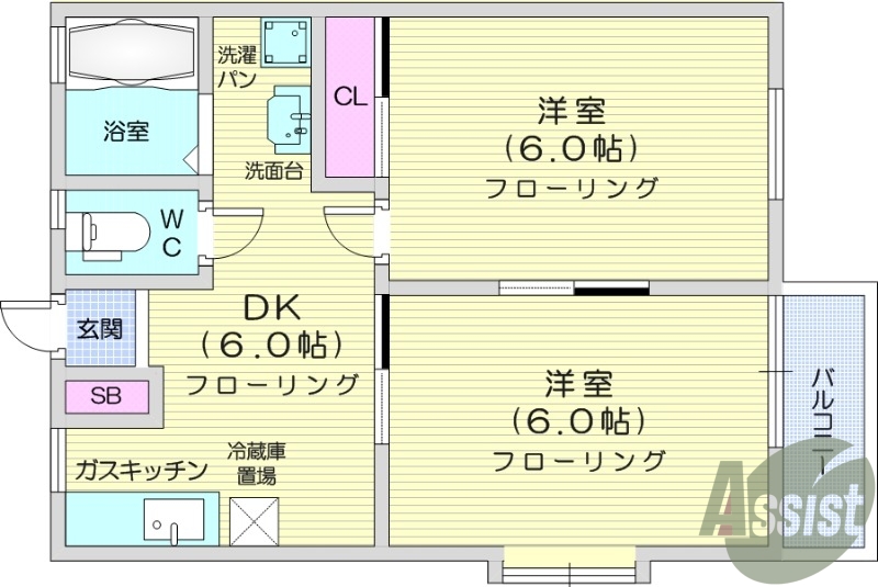 2DK、バストイレ別、エアコン、独立洗面台