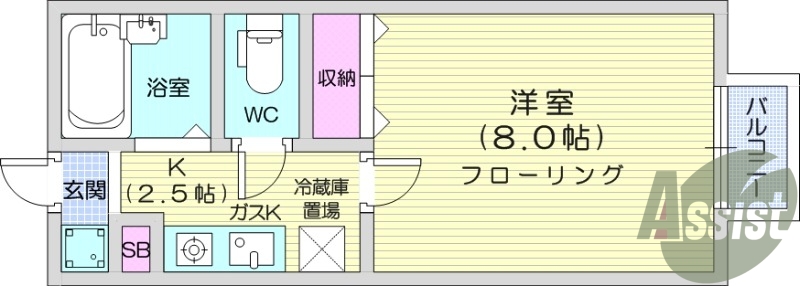 ※反転タイプ。1K、バストイレ別、室内洗濯置場、デジタルキー