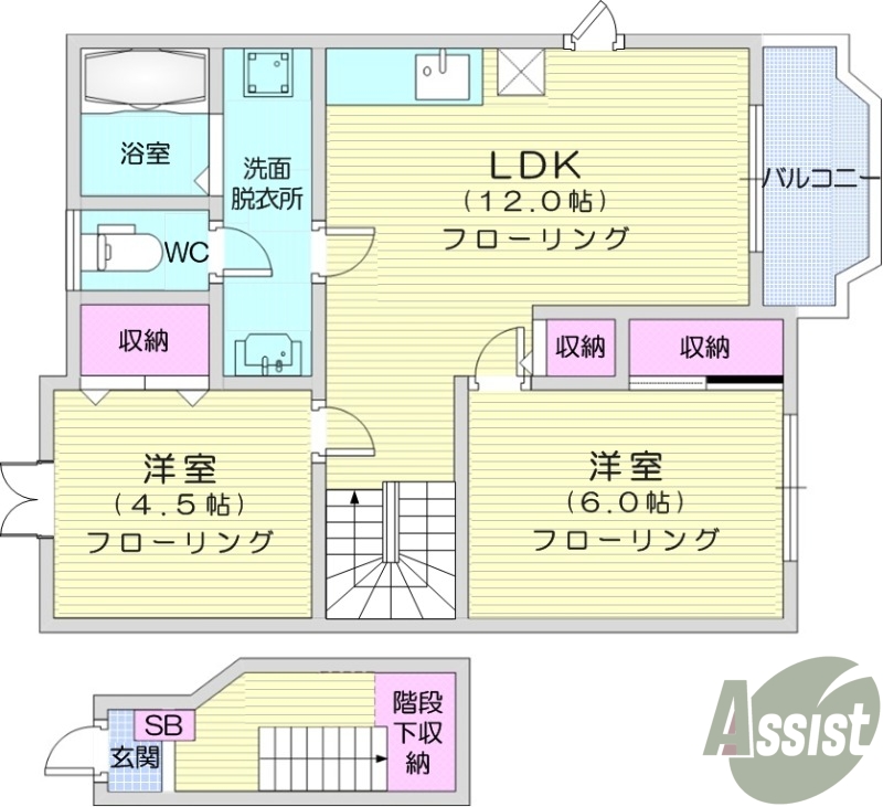 2LDK、独立洗面台、バストイレ別、インターネット無料
