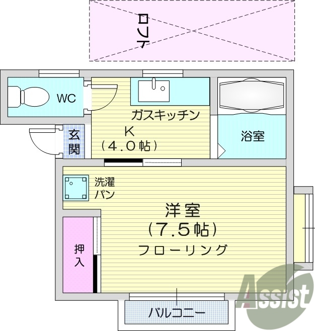 1K、南向き、ロフト、バストイレ別、室内洗濯機置場