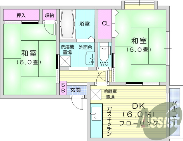 2DK、追い炊き機能、独立洗面台、エアコン