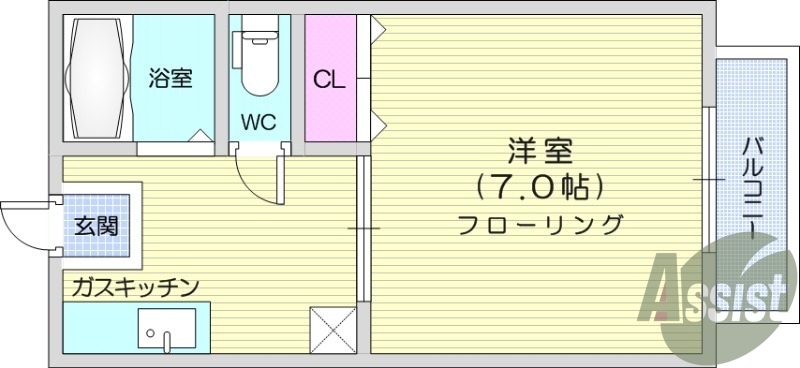 1*、バルコニー、バストイレ別、都市ガス、給湯、フローリング
