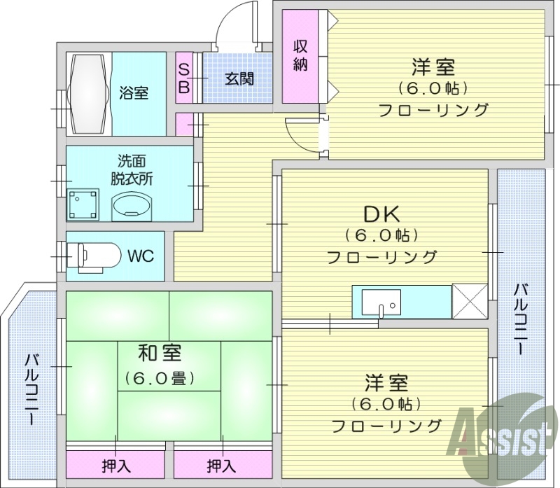 3DK、キッチン、独立洗面台、両面バルコニー
