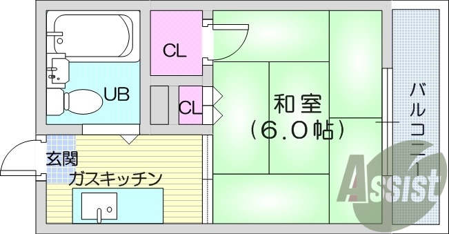 1K、和室、ユニットバス、エアコン、ベランダ