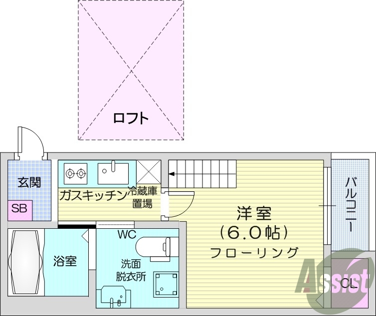 1K、ロフト付き、デザイナーズ、バストイレ別