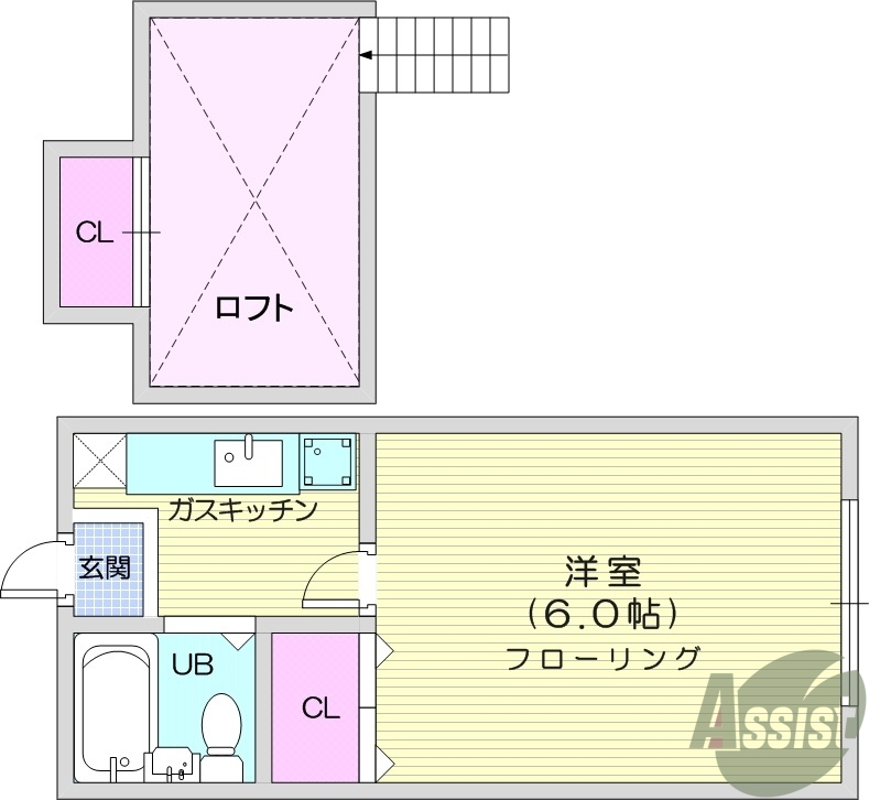 １K、ロフト、フローリング、エアコン、クローゼット