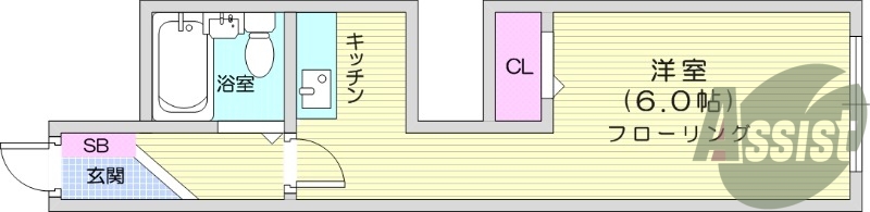 1R、バストイレ同室、収納、シューズボックス