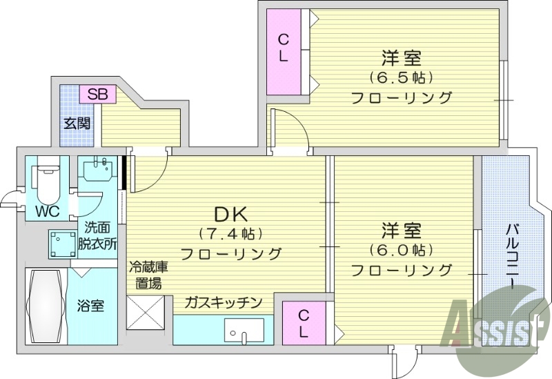 2DK、独立洗面台、追い焚き機能、エアコン