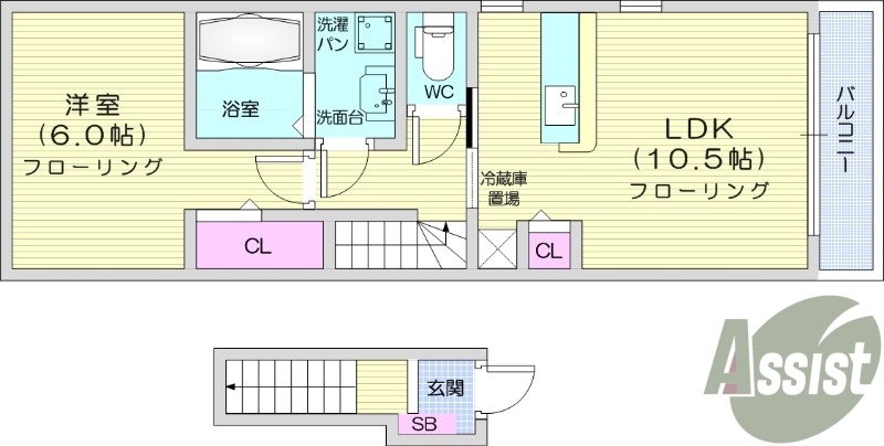 1LDK、追い焚き機能付き浴室、独立洗面化粧台有り