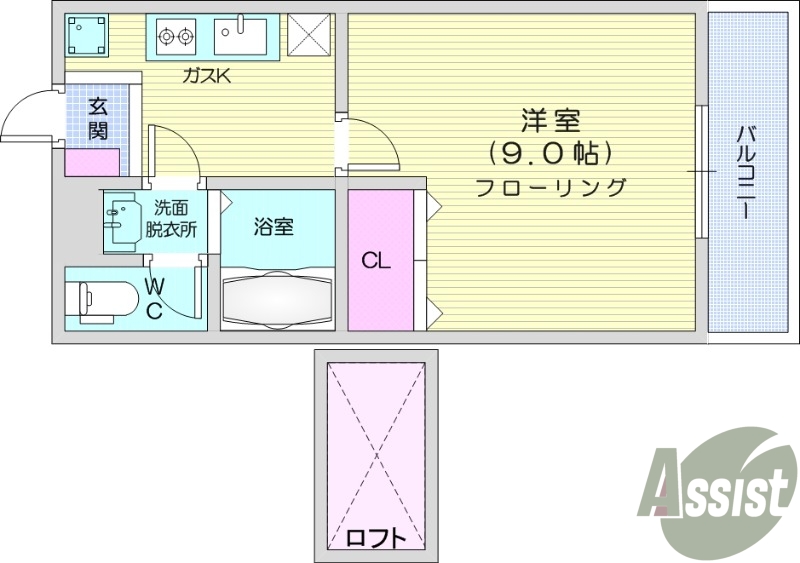 1K、バストイレ別、バルコニー付き、ロフト有