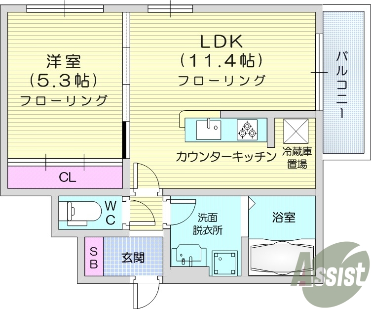 1LDK、バストイレ別、エアコン2台、室内洗濯機置場