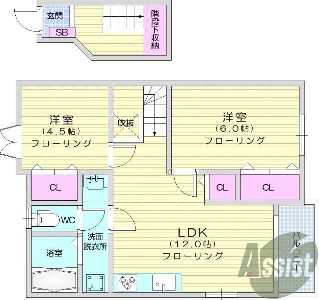2LDK、温水洗浄便座、独立洗面台、モニター付きインターホン