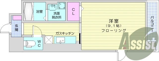 1K、都市ガス、防犯カメラ、オートロック、浴室乾燥機