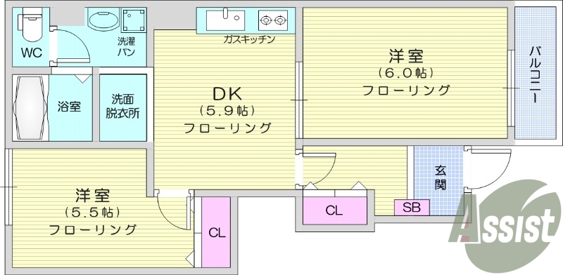２DK、エアコン、バストイレ別、モニター付きインターホン