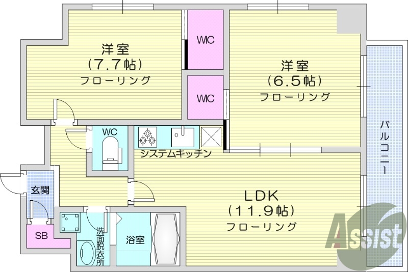 2LDK、フローリング、エアコン、バルコニー
