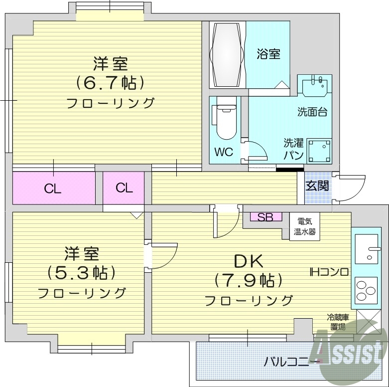 2DK、バストイレ別、オール電化、エアコン