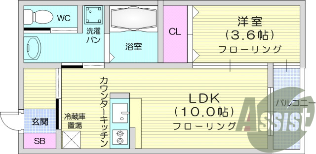 １LDK、カウンターキッチン、バストイレ別、追い炊き機能付き