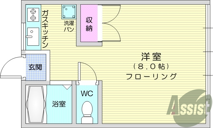 1K、エアコン、フローリング、ガスキッチン