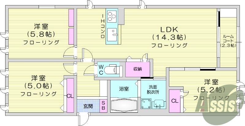 3LDK、システムキッチン、オートロック、エアコン