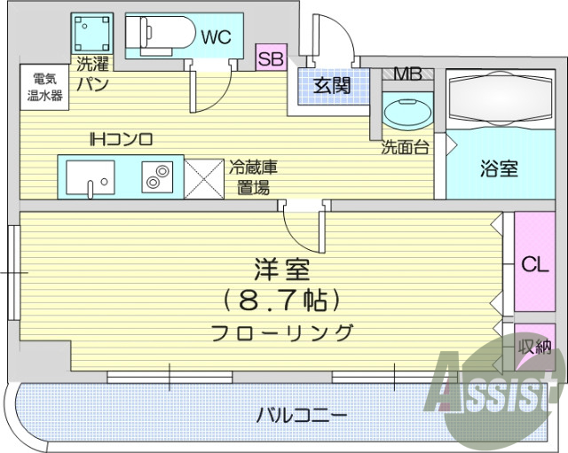 1Kオール電化マンション、インターネット無料、オートロック付