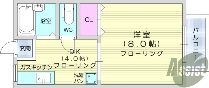 1K、バルコニー、フローリング、風呂トイレ別。