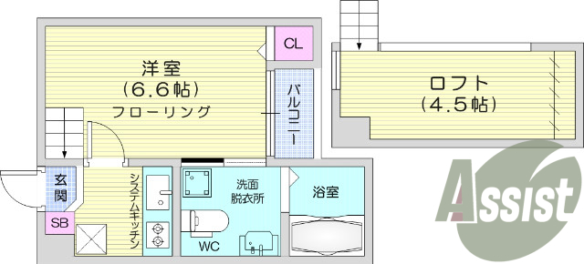 １K、ロフト付き、モニター付きインターホン