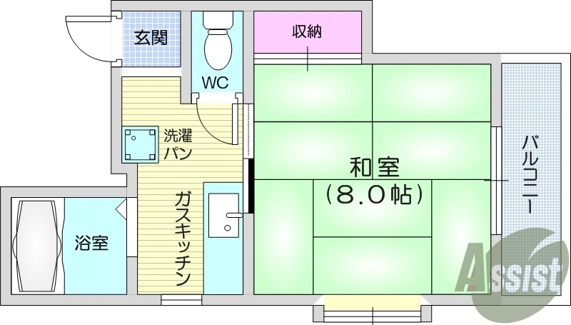 1K、給湯器、バルコニー、エアコン、モニター付きインターホン