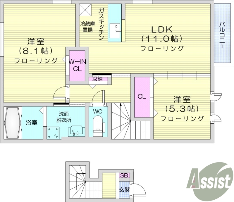 2LDK、バストイレ別、エアコン2台、室内洗濯機置場