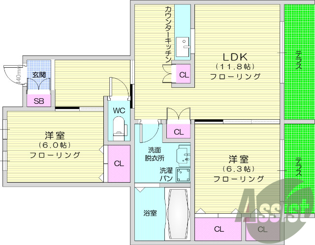2LDK、TVインターホン、洗髪洗面化粧台、全室エアコン付き