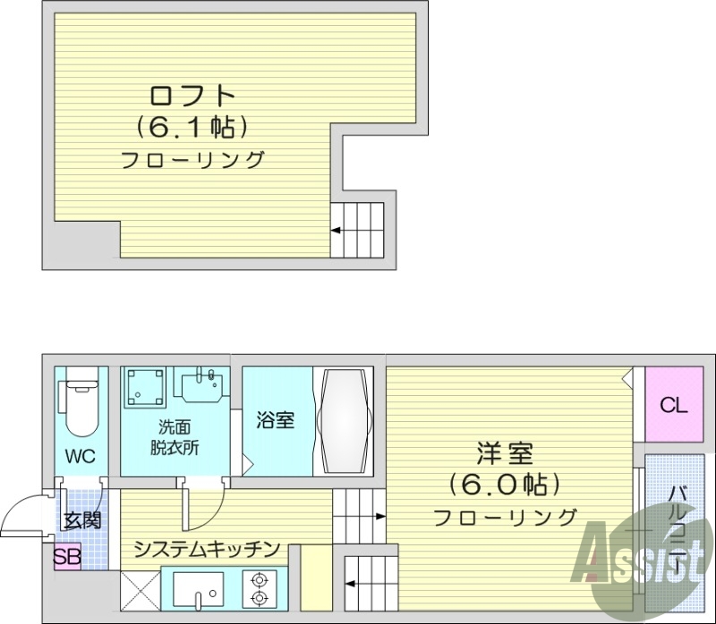 1K、浴室乾燥機、インターネット無料、ロフト、デザイナーズ